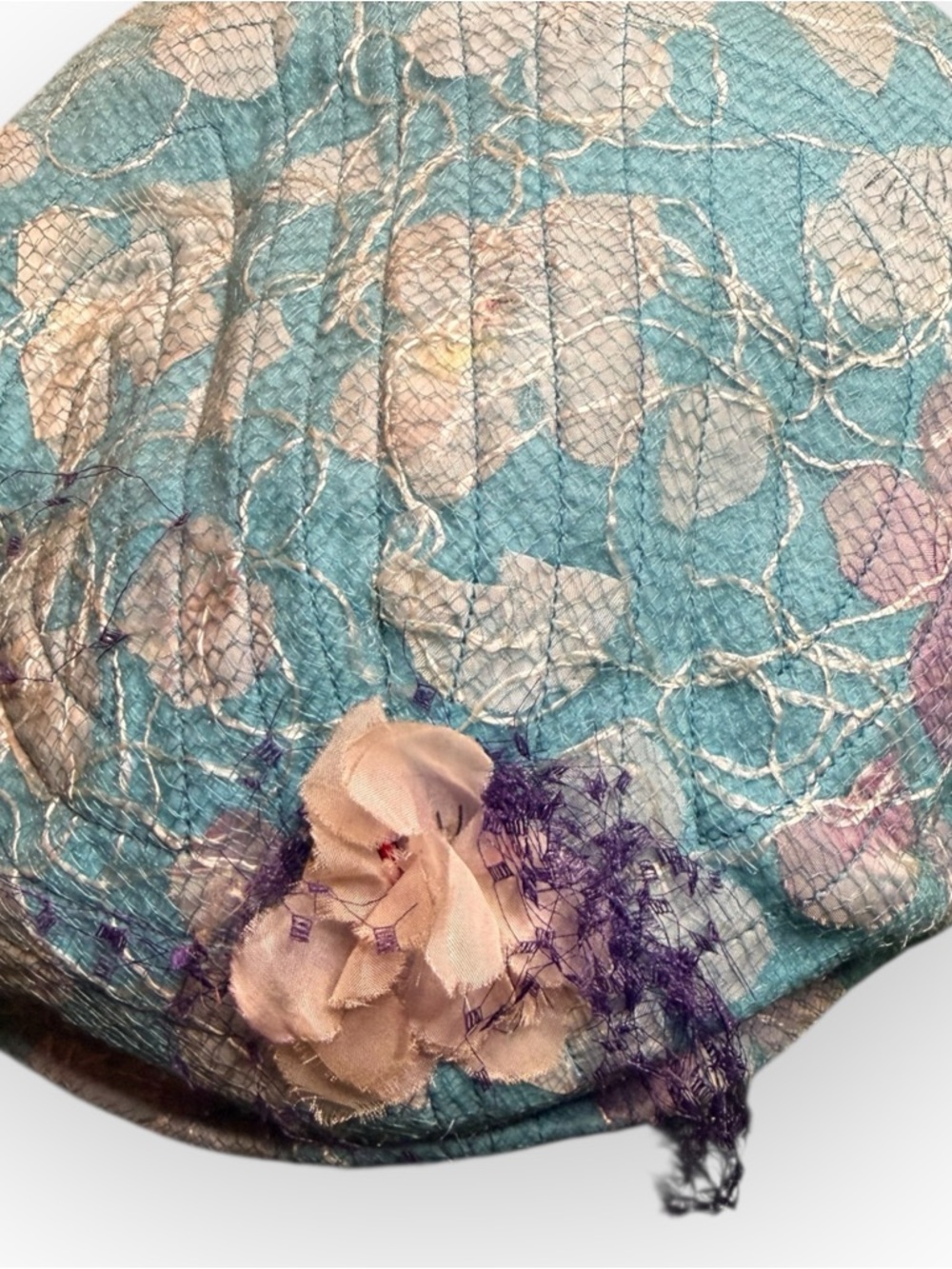 1950’s Teal Floral Veiled Hat with Pink Flower Accent